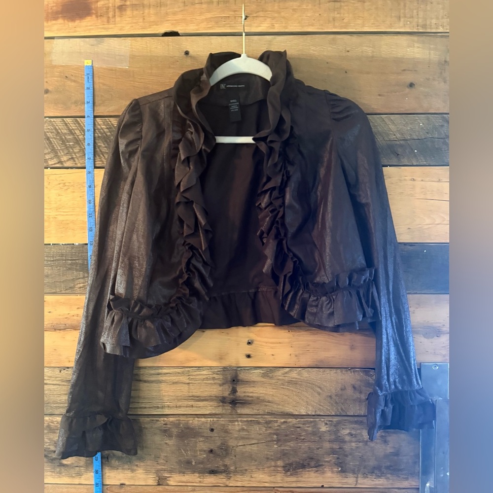 Chocolate Brown Ruffle Cropped Jacket by INC (International Concepts) – Size Sma